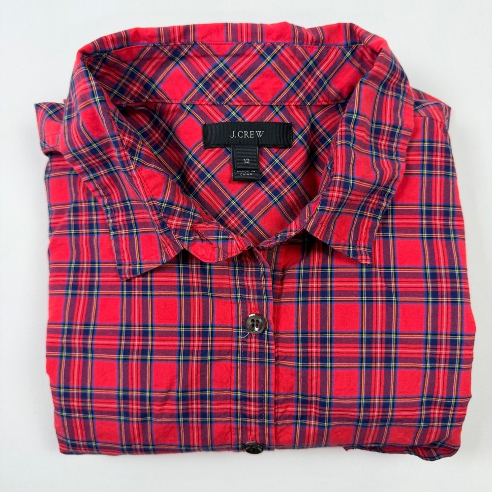 J.Crew Plaid Button Down Shirt Women 12 Red Excellent Long‎ Sleeve Cotton 08712